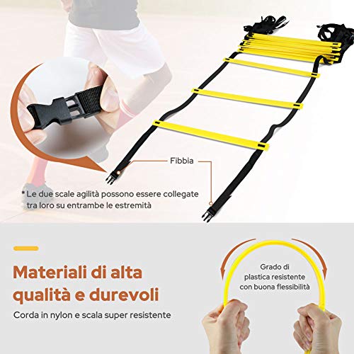 GHB - Escalera de agilidad de 6 m para entrenamiento de fútbol, ejercicios de velocidad, fitness, 12 travesaños, con funda portátil regulable, color amarillo