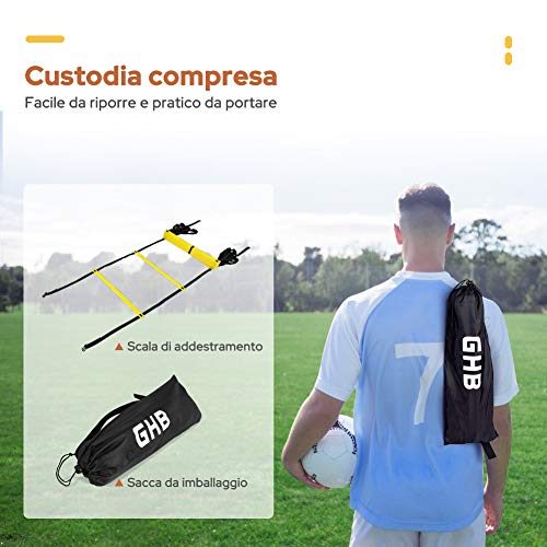 GHB - Escalera de agilidad de 6 m para entrenamiento de fútbol, ejercicios de velocidad, fitness, 12 travesaños, con funda portátil regulable, color amarillo