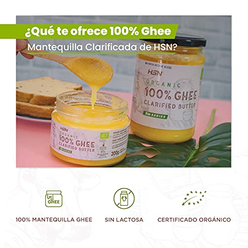 Ghee Orgánico de HSN | 100% Mantequilla Clarificada BIO de Vaca | Con Certificado Ecológico de la Unión Europea | Procedente de vacas alimentadas con pasto | No GMO | Sin Sal ni Lactosa | 200 gr