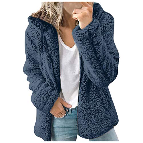 Ghemdilmn Chaqueta de forro polar para mujer, abrigo con capucha, sudadera de forro polar, manga larga, monocolor, otoño e invierno, azul, M