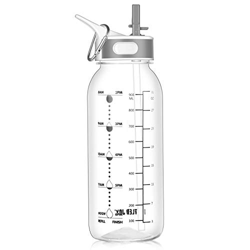 GHONLZIN Botella de Agua Deportiva, 1L Water Bottle, Botella Agua sin BPA Reutilizable Botellas de Agua para Lavavajillas con Marcador de Tiempo para Athletic, Gimnasio, Oficina