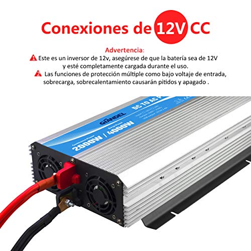 GIANDEL Inversor de Corriente 2000W Onda Modificada Convertidor 12V 220V 230V con Mando a Distancia & Pantalla LED & 2 AC Tomas para Coche de camión RV