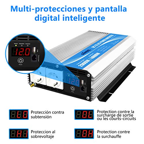 GIANDEL Inversor de Corriente 2000W Onda Modificada Convertidor 12V 220V 230V con Mando a Distancia & Pantalla LED & 2 AC Tomas para Coche de camión RV