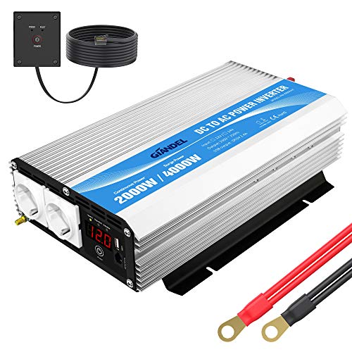 GIANDEL Inversor de Corriente 2000W Onda Modificada Convertidor 12V 220V 230V con Mando a Distancia & Pantalla LED & 2 AC Tomas para Coche de camión RV