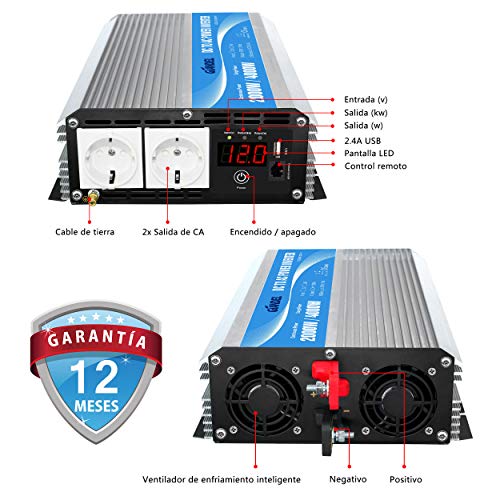 GIANDEL Inversor de Corriente 2000W Onda Modificada Convertidor 12V 220V 230V con Mando a Distancia & Pantalla LED & 2 AC Tomas para Coche de camión RV