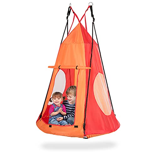 GIANTEX-Columpio Exterior con Carpa, Máximo 150 kg, Diámetro 100 cm, Regulable en Altura, con Puertas y Ventanas, Apto para Niños y Adultos (Naranja)