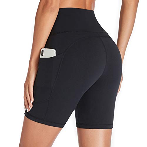 GIMDUMASA Pantalones Cortos Deporte Mujer Cintura Alta Shorts Leggins Pantalones Cortos de Yoga para Correr Gym Fitness Mallas Deportivos con Bolsillos Laterales GI371(Negro,l)