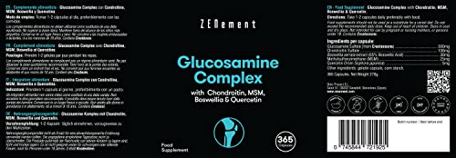 Glucosamina Complex con Condroitina, MSM, Boswellia y Quercetina, 365 Cápsulas | Para el dolor en las articulaciones | No-GMO, GMP, sin aditivos, sin Gluten | de Zenement