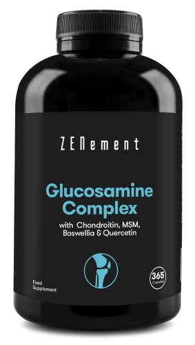 Glucosamina Complex con Condroitina, MSM, Boswellia y Quercetina, 365 Cápsulas | Para el dolor en las articulaciones | No-GMO, GMP, sin aditivos, sin Gluten | de Zenement