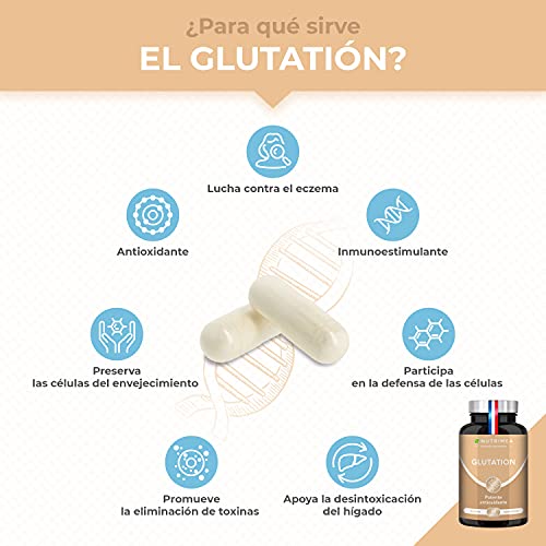 Glutatión Potente Antioxidante con Vitamina C, Reducido al 98% + Glicina Cisteína Ácido Glutámico, Regenerador Celular Hombres y Mujeres, Skin Whitening, Fabricado en Francia, 90 Cápsulas de Origen Vegetal