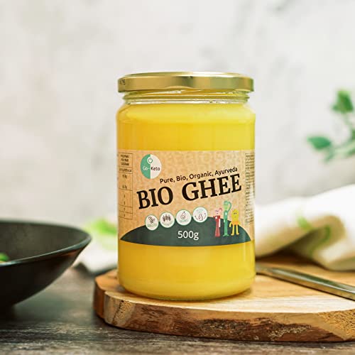 Go-Keto BIO Ghee, 500g | Mantequilla 100% clarificada, certificada BIO, Ayurveda | perfecto para la dieta cetogénica | ideal para hornear y asar | Sin lactosa, sin gluten, bajo en carbohidratos