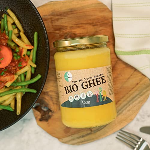 Go-Keto BIO Ghee, 500g | Mantequilla 100% clarificada, certificada BIO, Ayurveda | perfecto para la dieta cetogénica | ideal para hornear y asar | Sin lactosa, sin gluten, bajo en carbohidratos