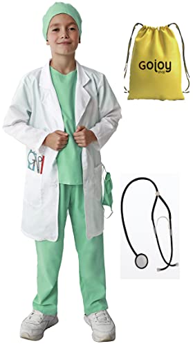 Gojoy shop- Disfraz de Medico Cirujano para Niños y Niñas Carnaval (Contiene: Bata,Camiseta,Pantalón,Mascara,Gorro,estetoscopio de Juguete y Mochila de Cuerdas.4 Tallas Diferentes) (10-12 años)