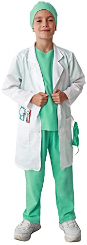 Gojoy shop- Disfraz de Medico Cirujano para Niños y Niñas Carnaval (Contiene: Bata,Camiseta,Pantalón,Mascara,Gorro,estetoscopio de Juguete y Mochila de Cuerdas.4 Tallas Diferentes) (10-12 años)