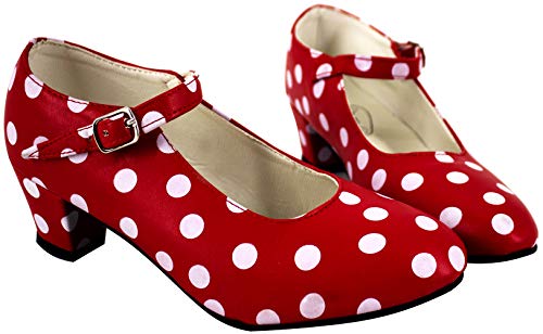 Gojoy shop- Zapato con Tacón de Danza Baile Flamenco o Sevillanas para Niña y Mujer,Contiene : Zapato con Tacón y Mochila de Cuerdas. 5 Colores Disponibles (Lunares Blanco, 27)