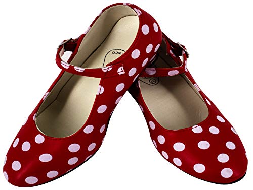 Gojoy shop- Zapato con Tacón de Danza Baile Flamenco o Sevillanas para Niña y Mujer,Contiene : Zapato con Tacón y Mochila de Cuerdas. 5 Colores Disponibles (Lunares Blanco, 27)