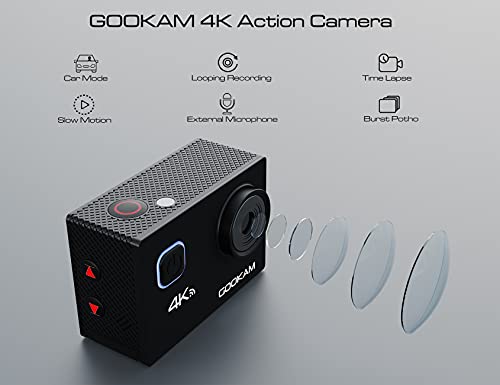 GOOKAM Cámara Deportiva 4K WiFi 20MP Ultra HD Cámara Acción Sumergible 40M Camaras Acuática 170° Gran Angular 2.4G Remoto y Micrófono Externo con 2 Baterías de 1050mAh y Accesorios Multiples-GO 2