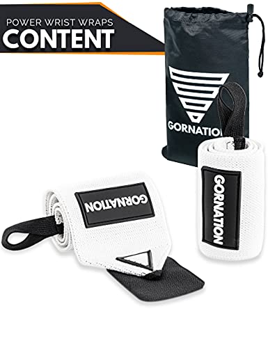 GORNATION® Power Wrist Wraps/Muñequeras Gym para una máxima Estabilidad y Mejor Rendimiento Entrenamiento con Pesas, musculación, Crossfit y calistenia - para Hombres y Mujeres (White)