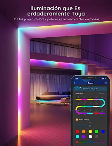 Govee Tiras LED WiFi 5M, Luces LED RGBIC con Control por Alexa, Google Assistant y App, Inteligente Control Segmentado Modo Música y Escena Arcoíris para Habitación Gaming, Fiesta, Dormitorio