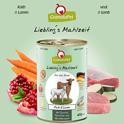 GranataPet Comida húmeda para Perros de Lieblings's con Ternera y Cordero, Comida húmeda para Perros, sin Cereales y sin aditivos de azúcar, alimento Completo, 6 x 400 g