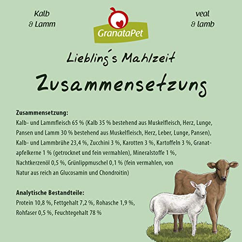 GranataPet Comida húmeda para Perros de Lieblings's con Ternera y Cordero, Comida húmeda para Perros, sin Cereales y sin aditivos de azúcar, alimento Completo, 6 x 400 g