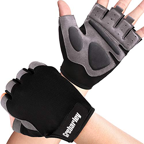 Grebarley Guantes de Gimnasio sin Dedos para Levantamiento de Pesas, Entrenamiento Cruzado, Ciclismo para Mujer y Hombre (Gris Oscuro, M)