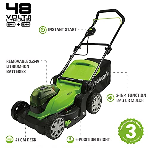 Greenworks G24X2LM41K4x Cortacésped con batería, Li-Ion 48V, 41cm de ancho de corte, hasta 440m², caja colectora de césped 50L, 6 niveles de altura de corte con 2x baterías de 4Ah & cargador