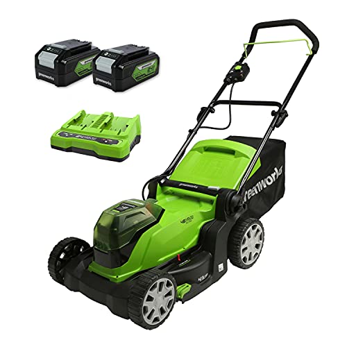 Greenworks G24X2LM41K4x Cortacésped con batería, Li-Ion 48V, 41cm de ancho de corte, hasta 440m², caja colectora de césped 50L, 6 niveles de altura de corte con 2x baterías de 4Ah & cargador