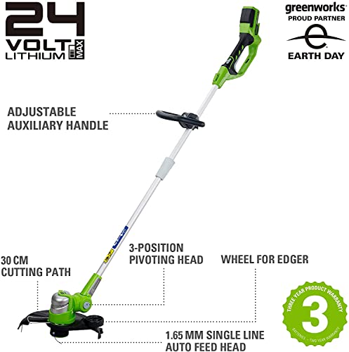 Greenworks Tools Cortacésped Deluxe G24LT30MK2 (Li-Ion 24V 40 cm de ancho de corte 3500 rpm cabeza de corte giratoria e inclinable mango adicional ajustable y eje telescópico con batería y cargador)