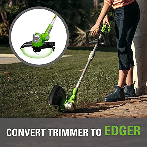 Greenworks Tools Cortacésped Deluxe G24LT30MK2 (Li-Ion 24V 40 cm de ancho de corte 3500 rpm cabeza de corte giratoria e inclinable mango adicional ajustable y eje telescópico con batería y cargador)