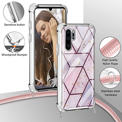 Greneric Funda con Cuerda para Huawei P30 Pro, Carcasa Mármol Brillante Ultrafina Rígida PC con Correa Colgante Ajustable Collar Correa de Cuello Cadena Cordón, Oro Rosa