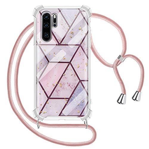 Greneric Funda con Cuerda para Huawei P30 Pro, Carcasa Mármol Brillante Ultrafina Rígida PC con Correa Colgante Ajustable Collar Correa de Cuello Cadena Cordón, Oro Rosa