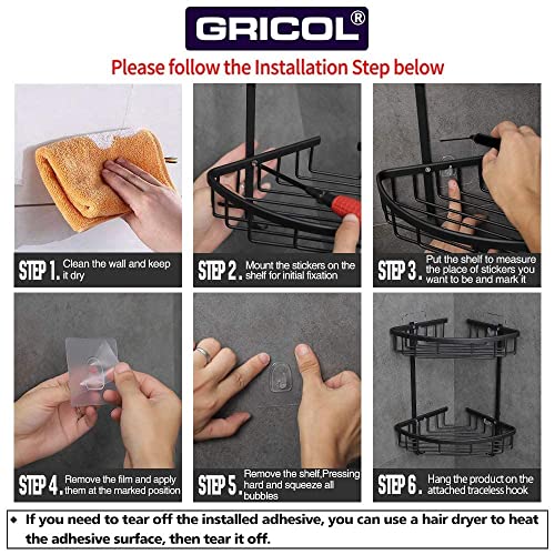 Gricol Estante para Esquinas de Ducha Sin Taladrar de Aluminio Aeronáutico Estanteria para Ducha Antioxidante Autoadhesivo con Ganchos para Artículos de Baño 2 Piezas (Negro)