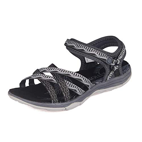 GRITION Sandalias Senderismo Mujer, Niñas Deportes Zapatos de Agua Verano Sandalias Planas Cruzadas Punta Abierta Zapatos de Caminar Ajustables Negro Rosa Arena Gris (41, Gris/Oscuro)