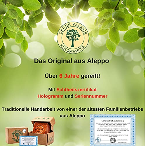 Grüne Valerie® Jabón original de Alepo 200g+ 20% / 80% aceite de laurel/aceite de oliva - jabón para el cabello/jabón de ducha Valor PH 8 Detox, hecho a mano - más de 6 años de maduración