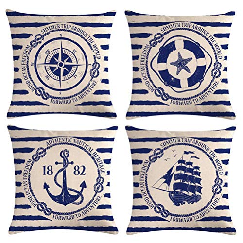 Gspirit 4 Pack Oceano Vela Ancla Navegación Brújula Salvavidas Algodón Lino Throw Pillow Case Funda de Almohada para Cojín 45x45 cm