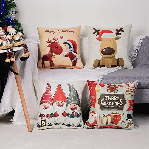 Gspirit Feliz Navidad 4 Pack Encantador Papá Noel Alce Algodón Lino Throw Pillow Case Funda de Almohada para Cojín 45x45 cm