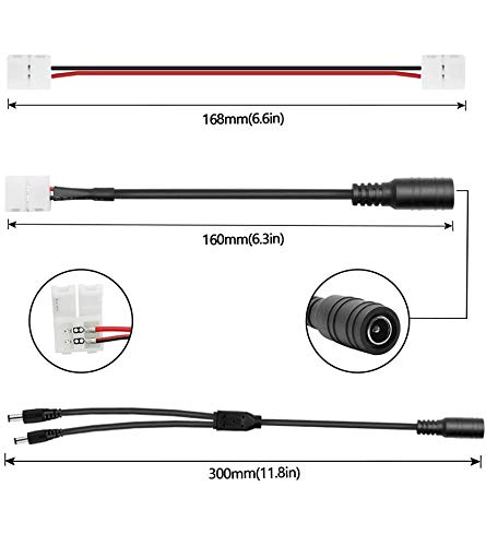 GTIWUNG 20Pcs 8mm 3528 Kit de Conector de Barra de Luz LED, 2Pin Conectores Tiras Led, 6 x Cable de Conexión + 8 x Conectores 2-pin + 2 x DC Cable Divisor 1 a 2 + 4 x 5.5X2.1mm DC Connector