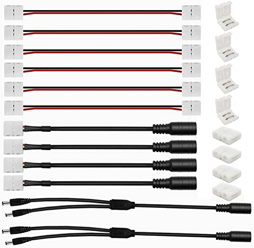 GTIWUNG 20Pcs 8mm 3528 Kit de Conector de Barra de Luz LED, 2Pin Conectores Tiras Led, 6 x Cable de Conexión + 8 x Conectores 2-pin + 2 x DC Cable Divisor 1 a 2 + 4 x 5.5X2.1mm DC Connector