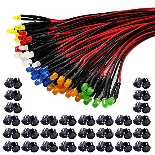 GTIWUNG 60Pcs 3mm Luces LED de Diodo 12V DC Pre Wired LED Diodos Emisores de Luz Lámpara, con Cables de 20cm + 60Pcs 3mm Plástico Soporte de LED Clip Montaje para DIY Coche Barco Juguetes Partes