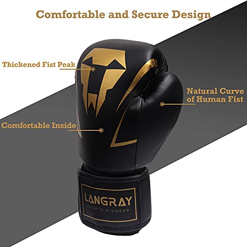 Guantes de Boxeo,LangRay Cuero de PU Juego de Guantes de Combate Muay Thai de Piel Gruesa Absorción de Impactos Guantes de Entrenamiento para Sparring en Muay Thai Kickboxing,Dorado 10oz