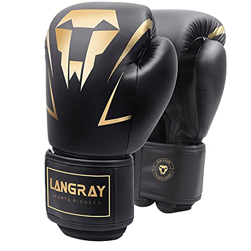 Guantes de Boxeo,LangRay Cuero de PU Juego de Guantes de Combate Muay Thai de Piel Gruesa Absorción de Impactos Guantes de Entrenamiento para Sparring en Muay Thai Kickboxing,Dorado 10oz