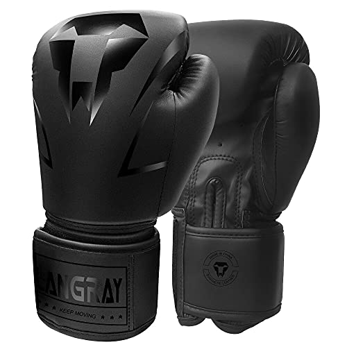 Guantes de Boxeo,LangRay Cuero de PU Juego de Guantes de Combate Muay Thai de Piel Gruesa Absorción de Impactos Guantes de Entrenamiento para Sparring en Muay Thai Kickboxing,Negro 16oz