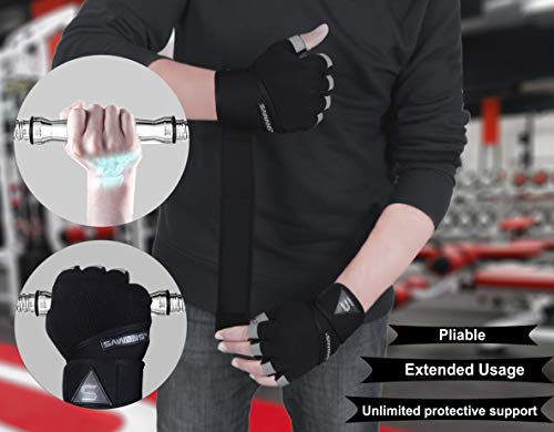 Guantes de gimnasio entrenamiento de levantamiento de pesas hombre y mujere soporte muñeca acolchado extra agarre protección ejercicio colgar dominada transpirable (correa de muñeca larga, XL)