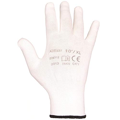 Guantes de Trabajo de poliéster de Punto - Guantes de Montaje, cómodo, Reparaciones, Trabajos de almacén, doméstico, Acabado, Taller, Montaje, Manualidades, Embalaje (8 (12 Pares), Blanco)