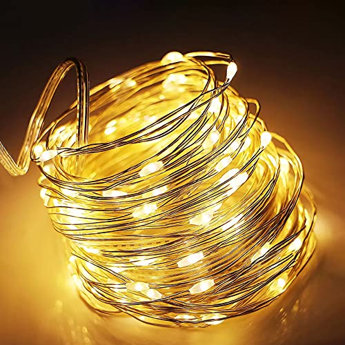 Guirnalda Luces, Suright 2 Pack Luces LED Pilas, 12M 120 LEDs Impermeable Exterior Interior Cadena Luces LED Decoración para Navidad Guirnalda Jardín Habitación Terraza Pared Cortina - Amarillo Cálido