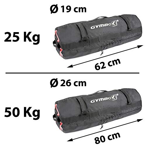 GYMBOX® Bolsa de Arena/Saco Búlgaro/Sandbag/Bolso de Peso/Fitness Bag/Power Bag | Entrenamiento Muscular/Funcional/de Pesas | Puede Estar llenado con Arena | Negro, 25 kg | vacío