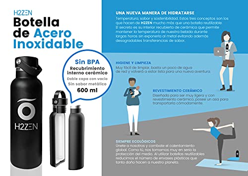 H2ZEN Botella Agua Acero Inoxidable sin BPA con Recubrimiento Interno Ceramico 600 ml Doble Capa con Vacio. Sin Sabor Metalico. (Negro)