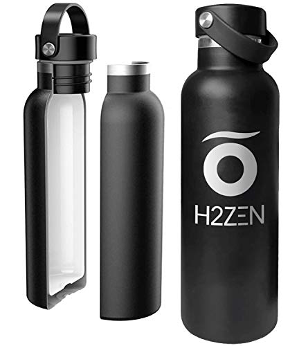 H2ZEN Botella Agua Acero Inoxidable sin BPA con Recubrimiento Interno Ceramico 600 ml Doble Capa con Vacio. Sin Sabor Metalico. (Negro)