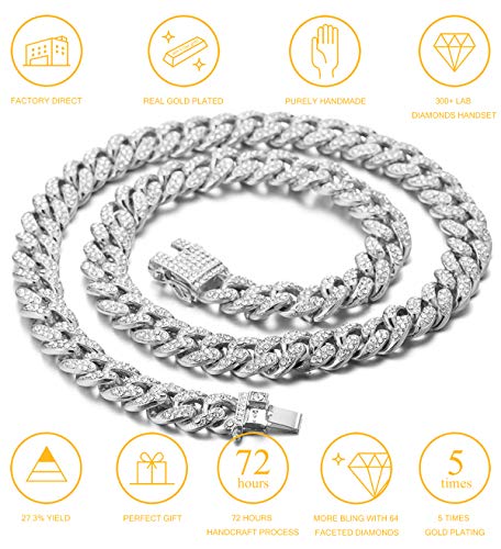 HALUKAKAH Cadena de Oro para Hombre,Cadena Cubanos 13MM Iced out Acabado en Oro Blanco Platino Iced out Gargantilla Collar 45cm,Cz Completa Juego de Puntas de Corte de Diamante,con Caja de Regalo